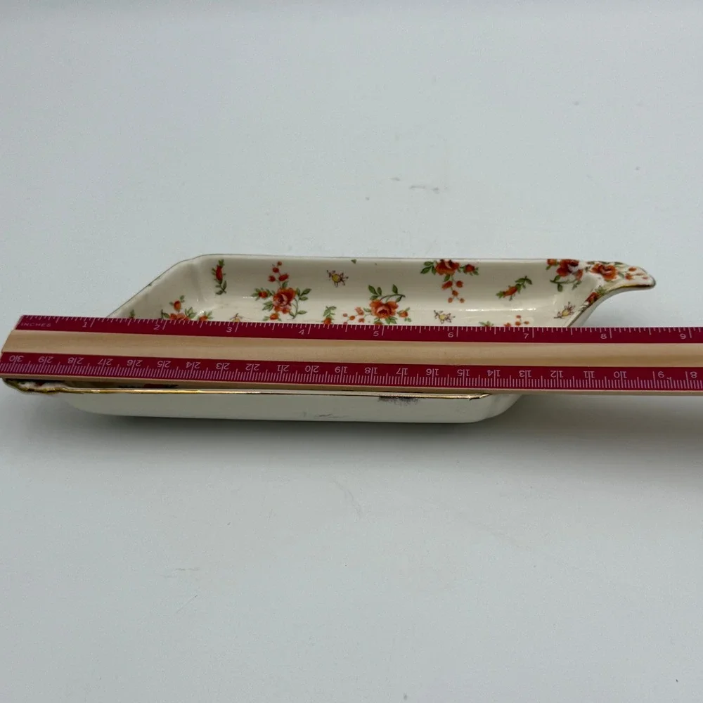 Vintage MM Japan Porcelain Trinket Dish Orange Rose Floral Gold Trim Tray